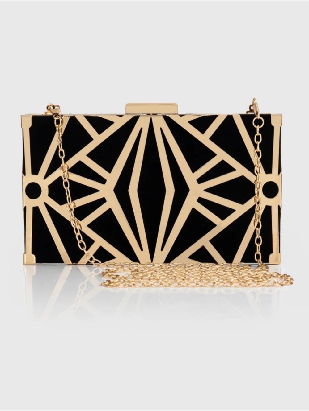 Black & Gold Art Deco Evening Clutch with Chain